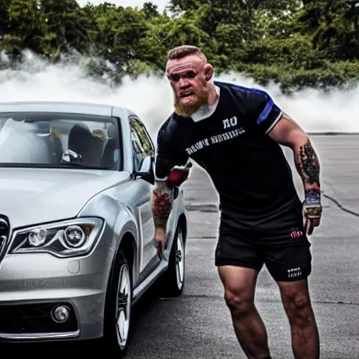 Image similar to a car wrestling conor mcgregor