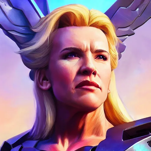 Image similar to a screenshot of arnold schwarzenegger as mercy in overwatch, angel wings, halo, portrait, fantasy, beautiful face, vivid colors, elegant, concept art, sharp focus, digital art, hyper - realistic, 4 k, unreal engine, highly detailed, hd, dramatic lighting by brom, trending on artstation