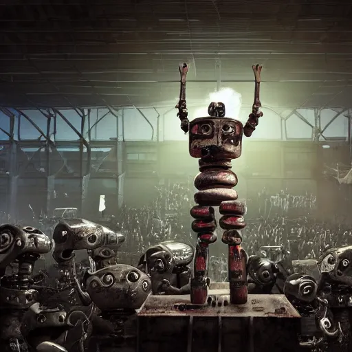 Prompt: a realistic crazy robot wearing a welding helmet, welding helmet head, one fist raised high in triumph, raised fist, standing in front of many large robots inside a huge rusty dingy warehouse, army of big robots, raygun gothic, atomic punk, digital art, detailed render, high angle