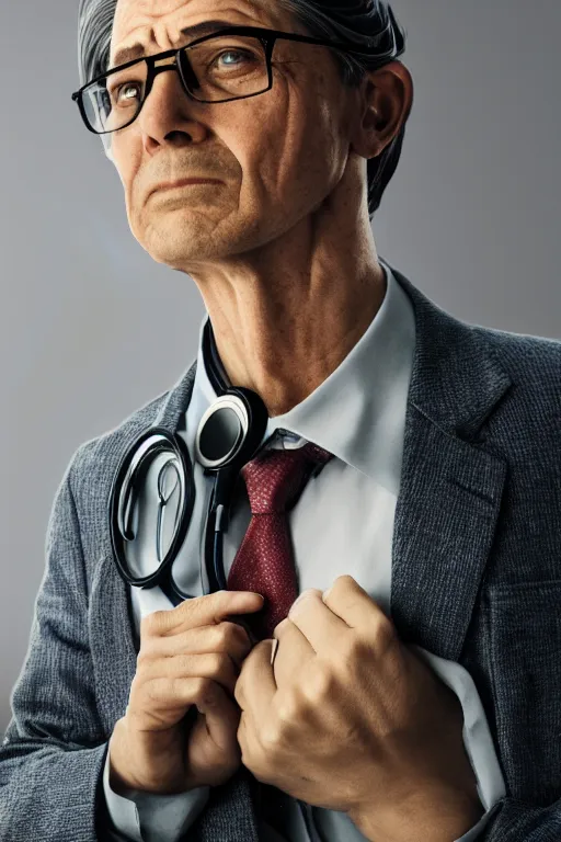Image similar to a tired male doctor portrait, broken spectacles, stethoscope, baggy eyes, artstation trending, 8k, 4k, 2k, hd, close mid-shot