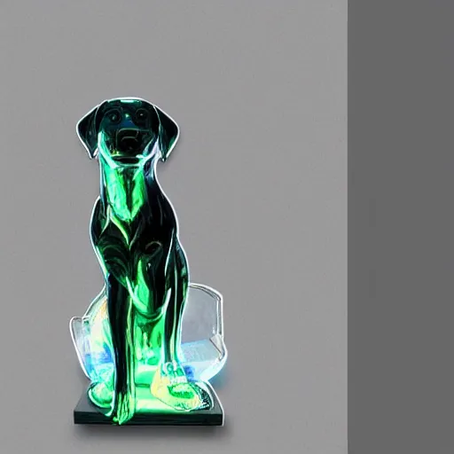 Prompt: real life picture of a glass dog statue, volumetric lighting