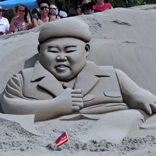 Image similar to a sand sculpture of kim jong un on the beach