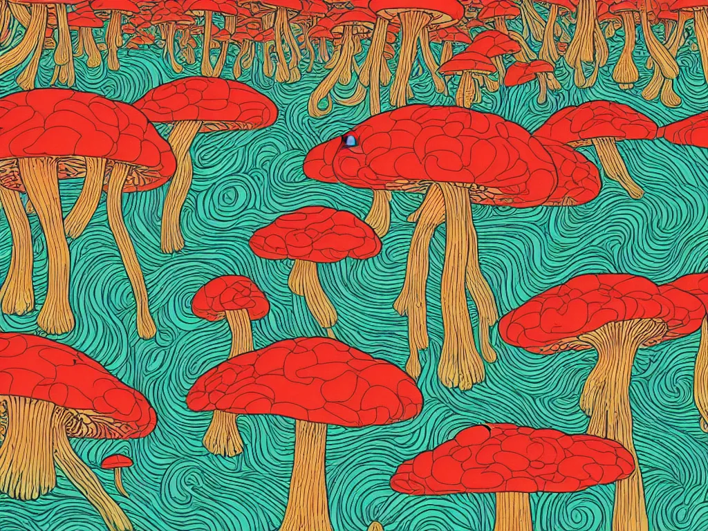 Prompt: My friends and brothers had taken some psychedelic mushrooms and were tripping, flat design, screen print by Kawase Hasui, jeffrey smith and rlon wang