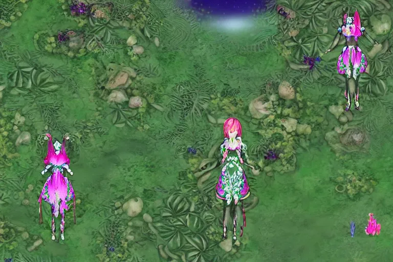 Image similar to cute female forest spirit wearing ornate floral cybernetic hungarian valentino resort dress in a 3 d psx ps 2 jrpg style, esoteric magical alien meadow ritual environment, fashion gameplay battle sequence screenshot with ui hud elements, highly detailed, atelier, xenogears