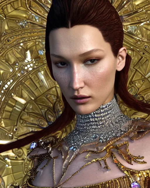 Image similar to a highly detailed metahuman 8 k close up render of bella hadid as alice in wonderland renaissance in iris van herpen dress schiaparelli in diamonds crystals swarovski and jewelry iridescent in style of alphonse mucha gustav klimt trending on artstation made in unreal engine 4