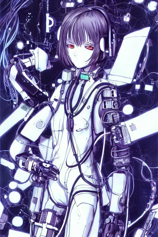 Image similar to beautiful coherent award-winning manga cover art of a mysterious lonely cyborg anime girl wearing a plugsuit, serial experiments lain, neon genesis evnagelion, painted by tsutomu nihei