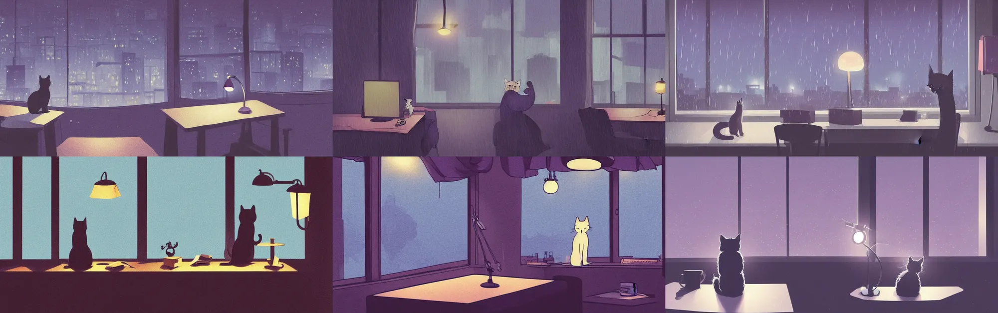 Prompt: cat sitting on a desk with a lamp, looking outside a window, rainy city at night, moody dark violet color palette, lofi illustration by makoto shinkai