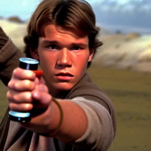 Image similar to A full color still from a film of a teenage Han Solo as a Jedi padawan holding a lightsaber hilt, from The Phantom Menace, directed by Steven Spielberg, 35mm 1990