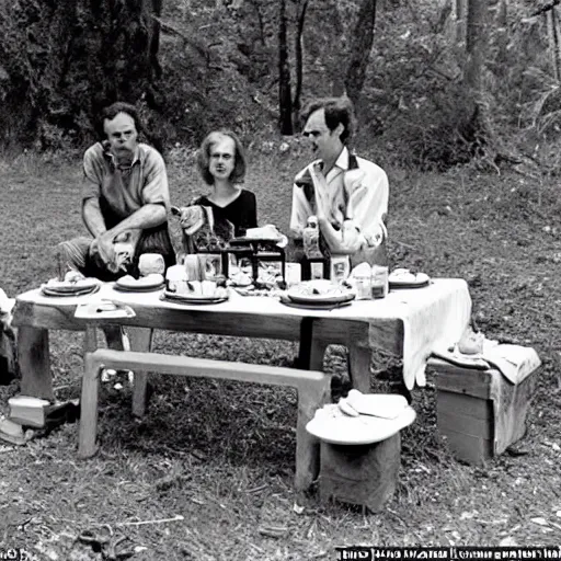 Image similar to ted bundy having a picnic at bohemian grove