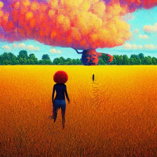 Image similar to giant red carnation afro head, full body, girl walking in the middle of a wheat field, surreal photography, hills, sunrise dramatic light, impressionist painting, colorful clouds, digital painting, pointillism, artstation, simon stalenhag