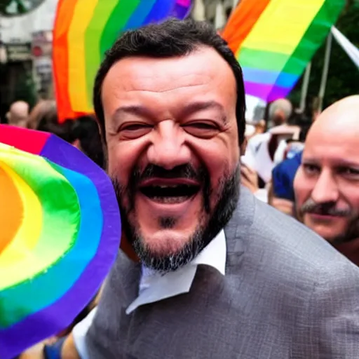 Prompt: Matteo Salvini happily celebrating the Gay pride parade