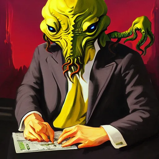 Image similar to Cthulhu has to do taxes. Creator is Paul Lehr