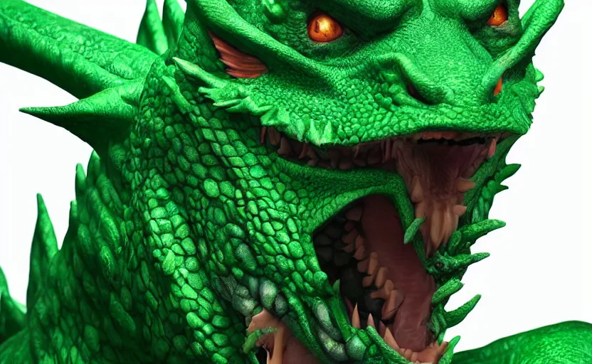 Image similar to green dragon, smiling, studio shot, volumetric lighting, 8 k, real life picture, realistic, hyperdetailed, no blur, shadows