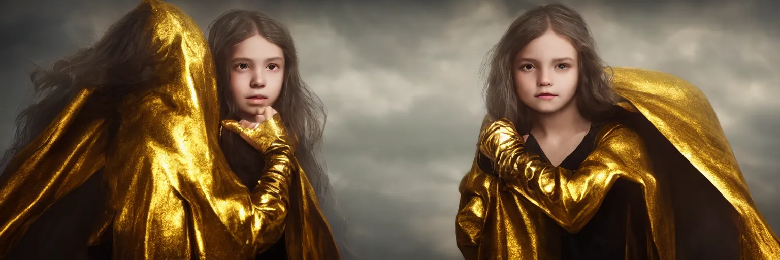 Image similar to a beautiful young girl wearing a dark cloak and a golden gauntlet, dark foggy background, extremely realistic and highly detailed 8 k, sharp focus, mysterious atmospheric lighting, octane render, dramatic volumetric lighting, golden ratio, extremely realistic faces