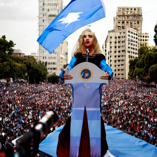 Image similar to Lady Gaga as president, Argentina presidential rally, Argentine flags behind, bokeh, giving a speech, detailed face, Argentina