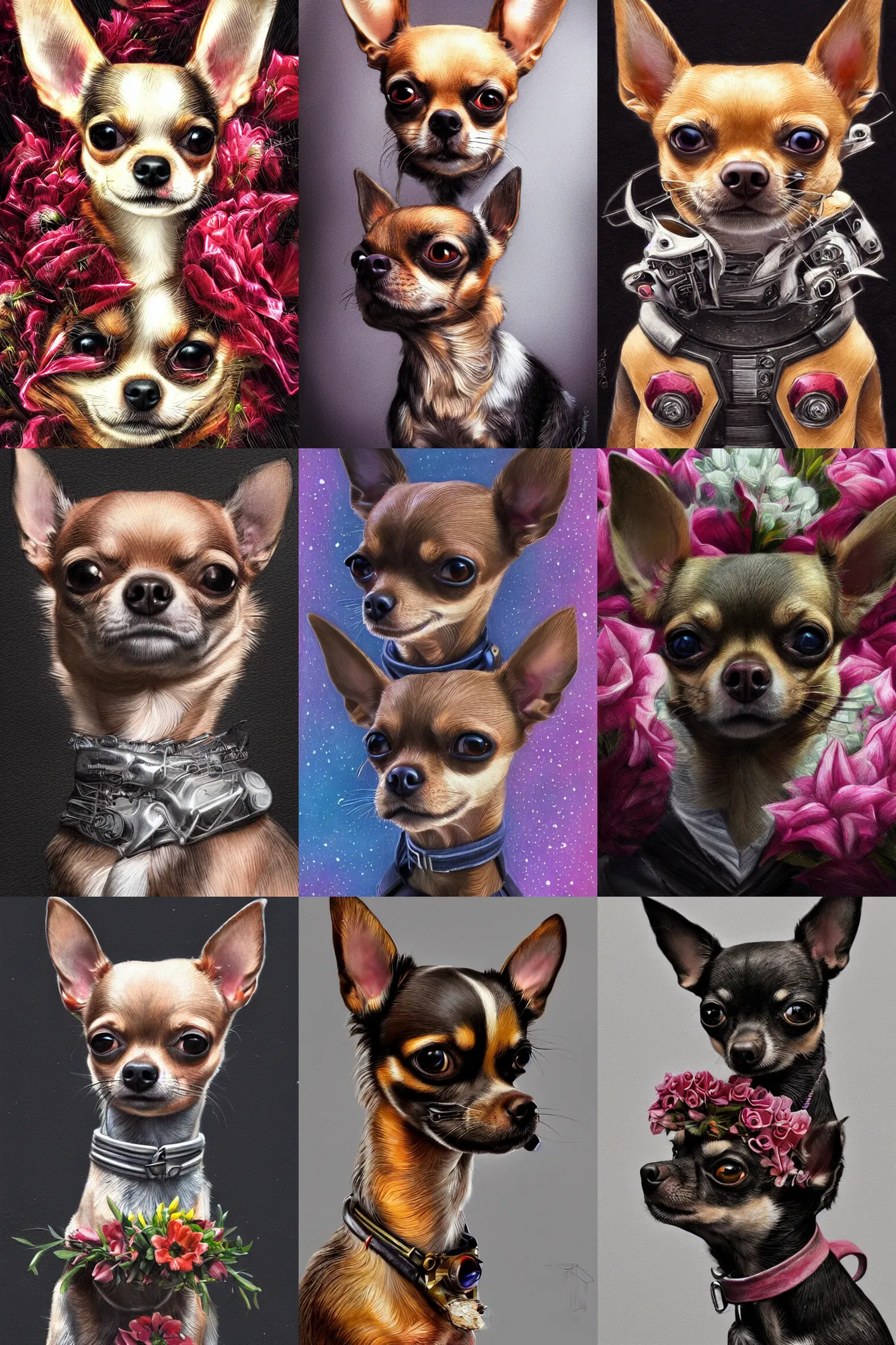 Prompt: ultra realistic illustration, portrait of a chihuahua bouquet, close up shot, cyberpunk, symmetrical, sci-fi, fantasy, intricate, elegant, highly detailed, digital painting, artstation, concept art, smooth, sharp focus, illustration, surrealism