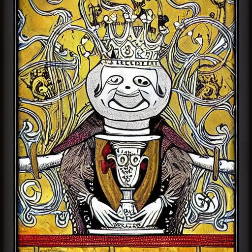 Image similar to sloth as the king of cups, framed, intricate details, medieval art style, high contrast, posterized