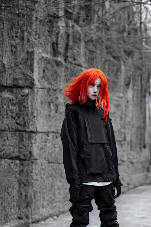 Image similar to beautiful red haired woman in techwear, warcore look and clothes, ACG, ACRNYM, Rick Owens, trending on r/streetwear, outfit photo, we see them from head to toe