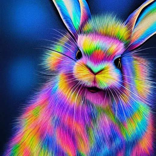 Prompt: luminescent colorful detailed airbrush painting of fluffy lop eared rabbit