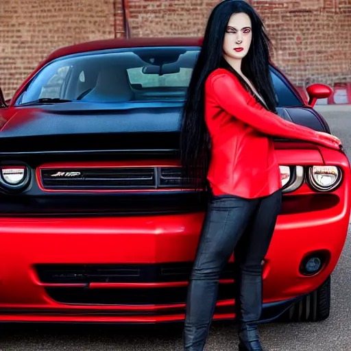 Prompt: portrait of a woman with long black hair wearing red clothing standing next to a red 2021 dodge challenger r/t, highly detailed car, highly detailed face, beautiful, 8k, realistic, professional photography, car magazine, close up shot, trending,