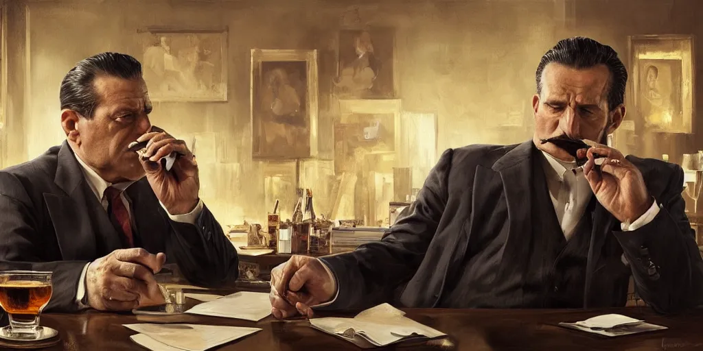 Image similar to beautiful oil matte portrait painting, mafia boss holding a cigar and drinking whiskey at his 5 0 s new york office desk, wonderful masterpiece highly detailed, beautiful cinematic light deep focus, elegant, digital painting, smooth, sharp focus, golden ratio, dramatic illumination, ultra realistic, 8 k, art by jimmy law