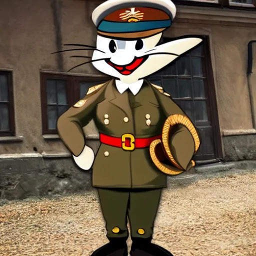 Image similar to tom from tom and jerry dressed as a german officer from ww 2, 4 k, hyper realistic, dslr, high resolution, landscape, beautiful