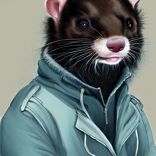 Image similar to ferret furry man, digital art high quality, jacket