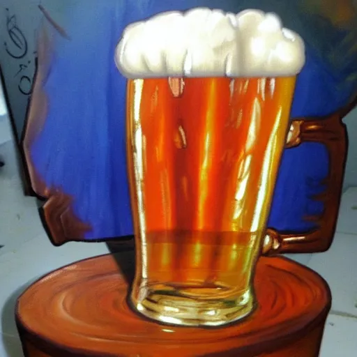 Image similar to A pint of beer sitting on a bar as painted by Don Bluth