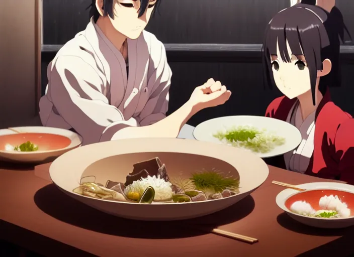 Image similar to a film still portrait of a bowl with sukiyaki, finely detailed features, closeup at the food, perfect art, at a dinner table, gapmoe yandere grimdark, trending on pixiv fanbox, painted by greg rutkowski makoto shinkai takashi takeuchi studio ghibli, akihiko yoshida