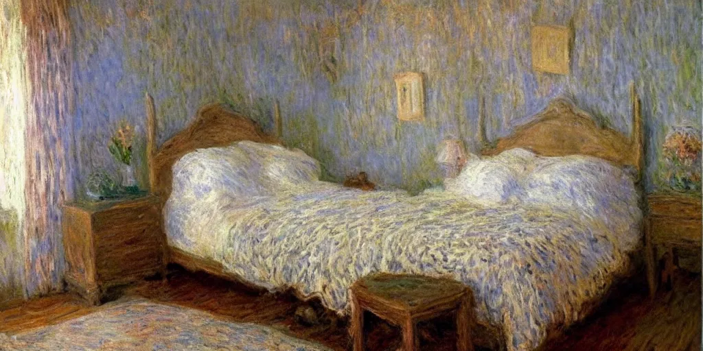 Prompt: a cozy bedroom decorated by Monet, detailed, high resolution, wow!, intricate