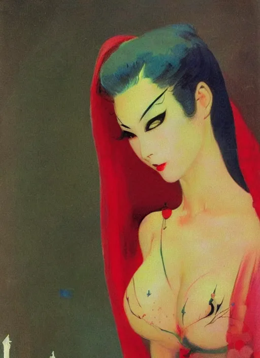 Image similar to svelt iranian korean vampiress, jeweled veil, strong line, saturated color, beautiful! coherent! by frank frazetta, high contrast, minimalism