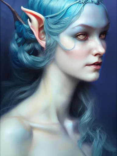 Image similar to the elven queen with blue skin by james jean, charlie bowater, tom bagshaw, nikolay makovsky : : enchanting, ethereal, magical, portrait, character design, illustration, hyperrealism, photorealism, digital art, concept art, fantasy, whimsy, weta, wlop, artstation