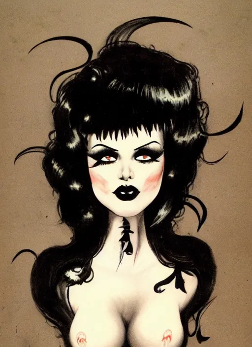 Prompt: of a goth girl burlesque psychobilly punk, detailed face, black hair, white background, drawing, illustration by frank frazetta