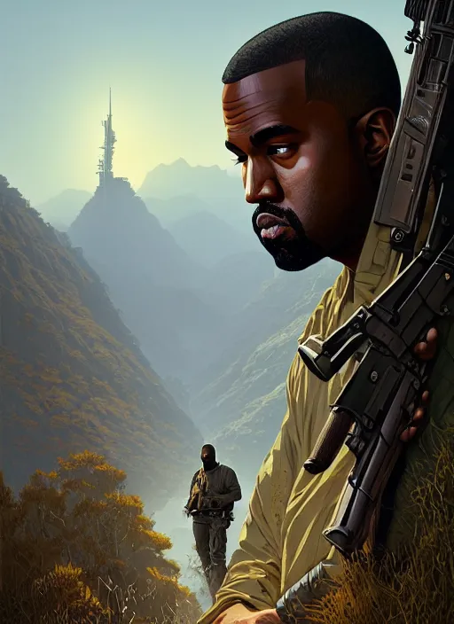 Image similar to highly detailed portrait kanye holding rifle in gta v stephen bliss unreal engine fantasy art by greg rutkowski loish rhads ferdinand knab makoto shinkai lois van baarle ilya kuvshinov rossdraws tom bagshaw global illumination radiant light detailed intricate environment