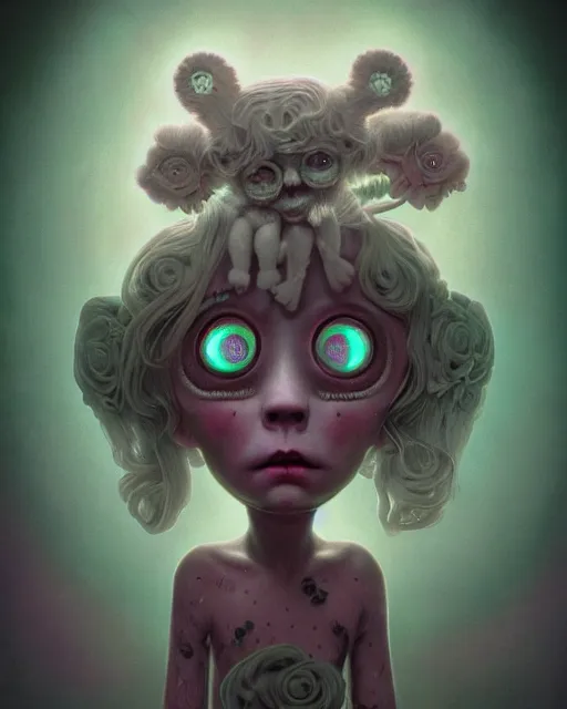 Prompt: one singular portrait of a cute bioluminescent creepy doll, highly detailed, digital painting, cinematic, hyper realism, dark retrowave, art by mark ryden and pixar and artgerm and magali villeneuve and alphonse mucha, artstation, octane render, cgsociety