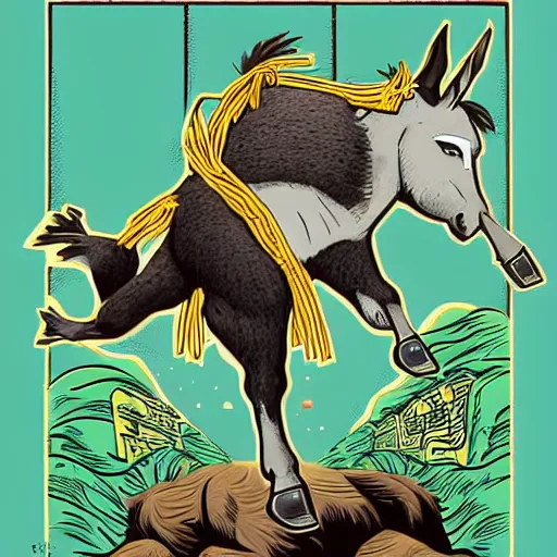 Prompt: illustration of a donkey chasing a human, highly detailed, by butcher billy