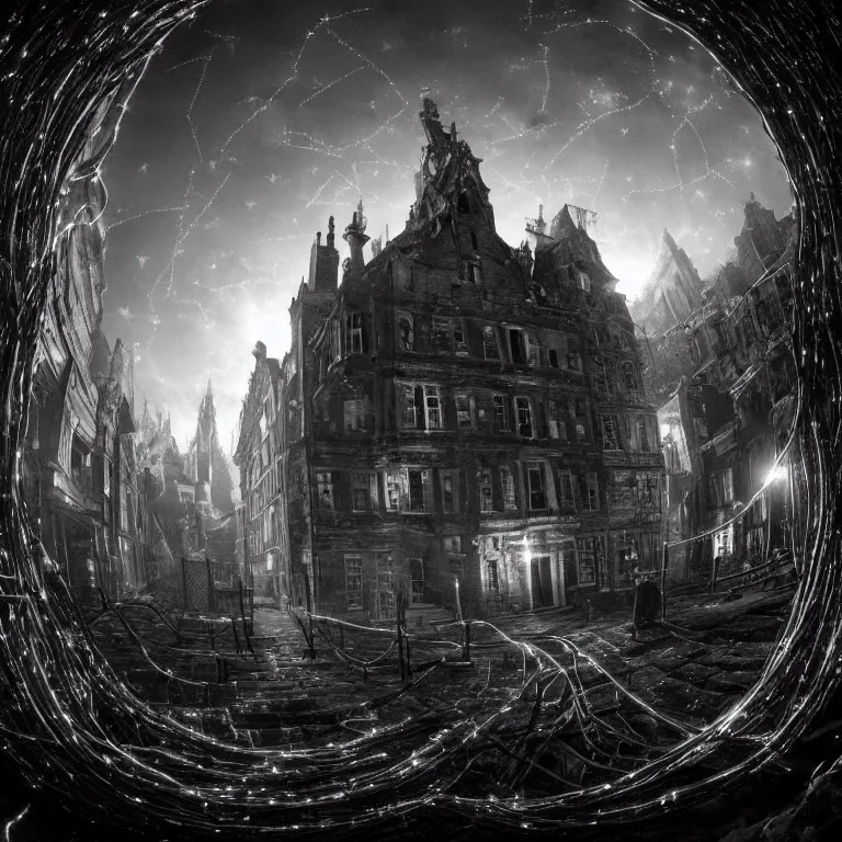 Prompt: An 18th century (lovecraftian) gothic city at night with a star filled sky. Greasy luminescent cables are emerging from cracks on the ground. Low angle shot, super wide shot, fish eye, 4k.