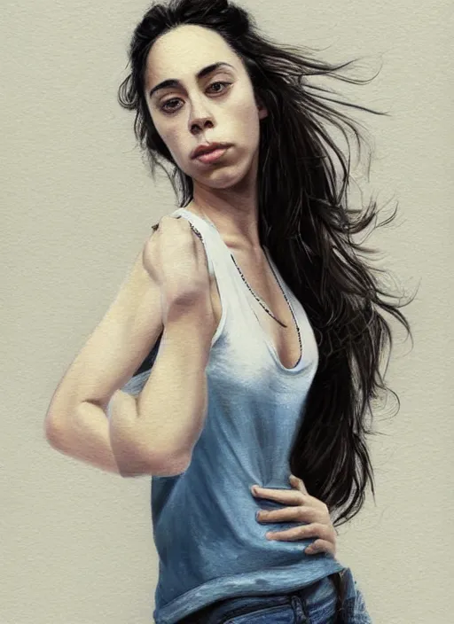 Image similar to full length photo of a sad Oona Chaplin in a tanktop in the style of stefan kostic, not realistic, sharp focus, 8k high definition, not detailed, intricate, elegant, art by stanley lau and artgerm