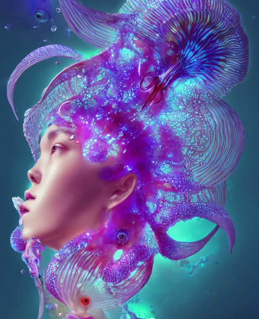 Image similar to goddess close-up portrait. dichroic orchid jellyfish phoenix head, nautilus, skull, betta fish, bioluminiscent creatures, intricate artwork by Tooth Wu and wlop and beeple. octane render, trending on artstation, greg rutkowski very coherent symmetrical artwork. cinematic, hyper realism, high detail, octane render, 8k