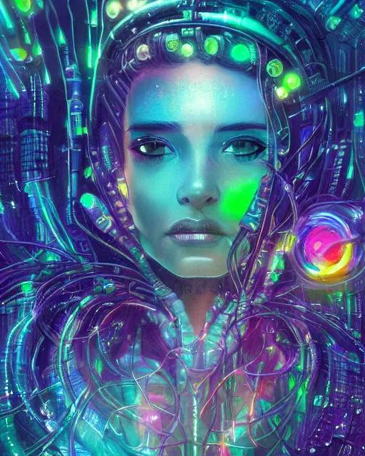 Prompt: a cyberpunk close up portrait of enchanting cyborg medusa, electricity, rainbow, snakes in hair, sparks, bokeh, soft focus, sparkling, glisten, water drops, cold, dark, geometric, temples behind her, by paul lehr, jesper ejsing