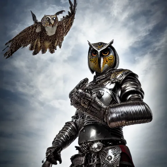 Image similar to photo of a warrior with metal owl theme armour, 4 k, hdr, smooth, sharp focus, high resolution, award - winning photo