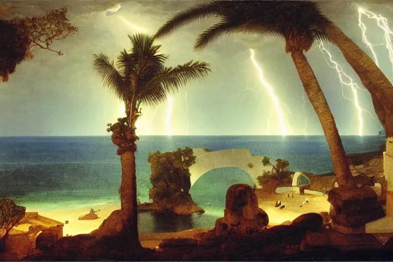 Prompt: The giant greek arch, refracted lightnings on the ocean, thunderstorm, greek pool, beach and Tropical vegetation on the background major arcana sky and occult symbols, by paul delaroche, hyperrealistic 4k uhd, award-winning, very detailed paradise
