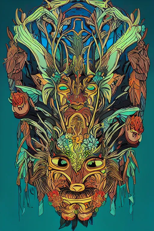 Image similar to animal mask totem roots flower tribal feather gemstone plant wood rock shaman vodoo video game vector cutout illustration vivid multicolor borderlands comics by josan gonzales and dan mumford radiating a glowing aura