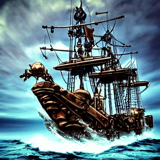 Prompt: modern metal pirate ship, highly detailed, 4k, HDR, smooth, sharp focus, hyper realistic, high resolution