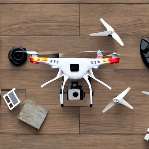 Prompt: realistic photograph of a drone sitting in a box, surrounded by other drone parts scattered over the floor