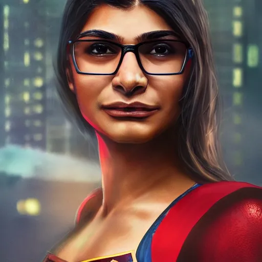 Image similar to a close up face of Mia Khalifa as Supergirl by Greg Rutkowski, Sung Choi, Mitchell Mohrhauser, Maciej Kuciara, Johnson Ting, Maxim Verehin, Peter Konig, Zack Snyder, 8k photorealistic, cinematic lighting, HD, high details, dramatic, trending on artstation,