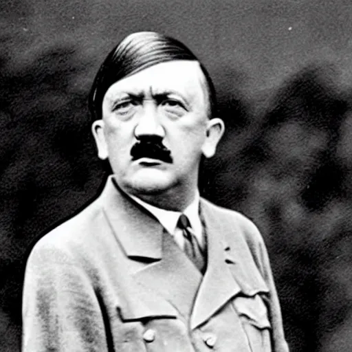 Image similar to hitler with a wet mop haircut and wearing an oversized sweater