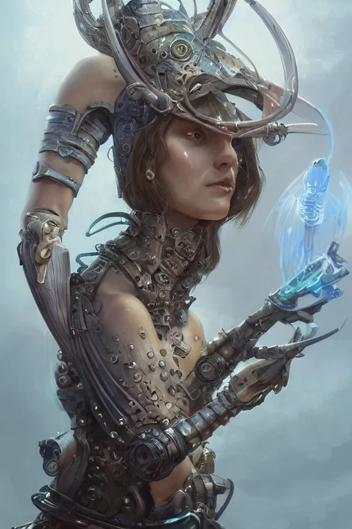 Prompt: medieval merfolk artificer, cybernetic eye, prosthetic leg, highly detailed, d & d, fantasy, portrait, highly detailed, headshot, digital painting, trending on artstation, concept art, sharp focus, illustration, art by artgerm and greg rutkowski and magali villeneuve