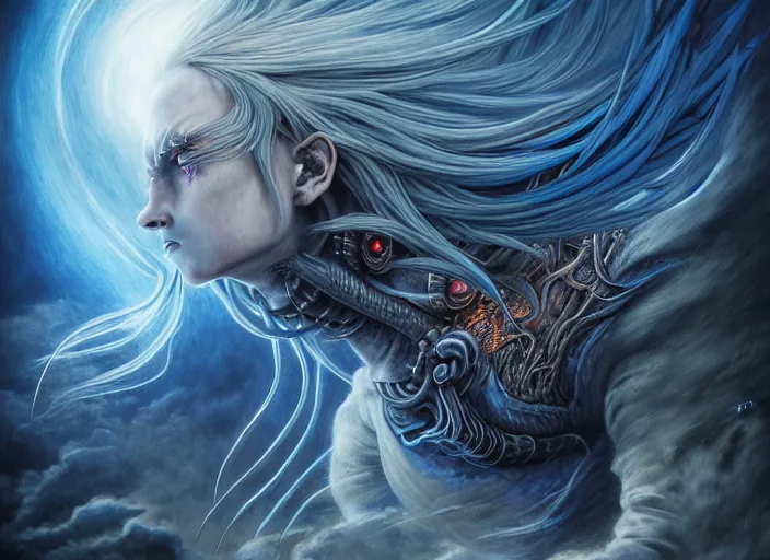 Prompt: realistic detailed image of a Norse Goddess-dragon-cyborg, bluish hair blowing in an angry and stormy moody atmosphere, running wildly in her chariot, anime art, anime, impressionistic gothic, rich deep colors, inspired by H.R. Giger and Zdzislaw Beksinski and Mark Ryden, a masterpiece, matte painting, digital art, trending on artstation.