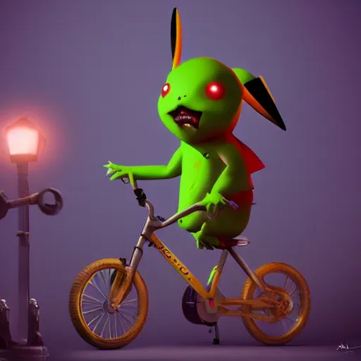 Image similar to zombie pikachu riding a bicycle, cinematic, cinematic lighting, trending on Artstation, Cgsociety, detailed, 4k, very realistic